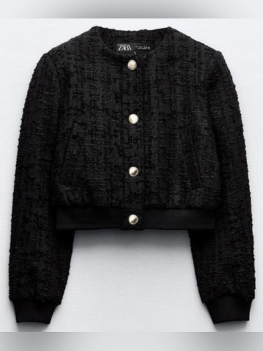 ZARA Textured Tweed Button Down Bomber Jacket Gold Buttons Size XS NWT